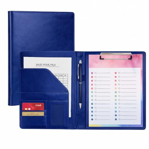 Cartellina Portadocumenti A4 in Pelle PU con Portablocco e Clip Fermafogli, Tasche e Porta Penna, Cartella Documenti da Ufficio e Riunioni – Blu