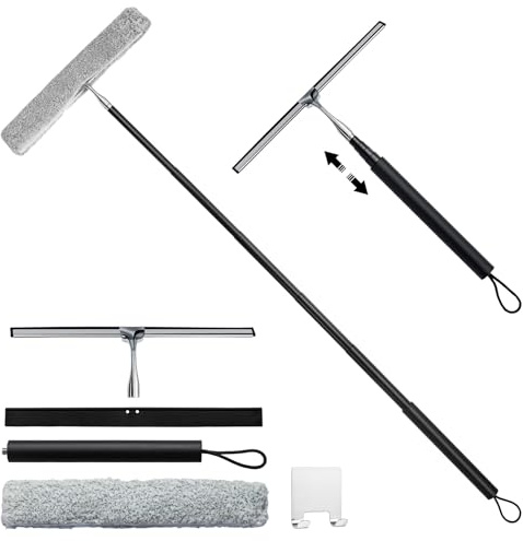 EVERGOODS Window Cleaning Equipment – 12 Squeegee with 117 CM Handle, 2-in-1 Squeegee & Cloths for Streak-Free Cleaning of Shower, Mirrors, and Glass Doors (Black L)
