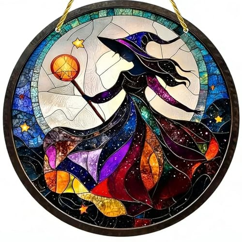 Vintage Acryl Sonnenfänger für Fenster, Mond & Hexe, Gothic-Buntglas-Ornament, 20 x 20 cm
