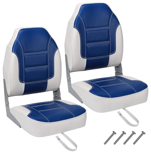 RBFGYIOP Set mit 2 Klappsitzen für Boot, hohe Rückenlehne, dicke Polsterung, ergonomisch, Edelstahl, wasserdicht, ideal für Bassboat, Yacht, einfach zu installieren, Farbe: Königsblau mit Nähten
