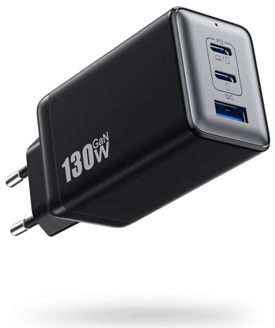 130 W USB-C laddare (GaN III) 3 portar, 65 W för bärbara datorer och 45 W PPS, PD+QC snabbladdning, snabbladdare kompatibel med MacBook, Dell XPS, iPad, iPhone, Galaxy, Steam Deck – liten och lätt för