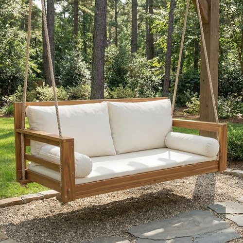 Schaukel-Doppelsitz, Hängeschaukel für den Garten im Freien, Inklusive Kissen und Zwei Seilen, Gestell Nicht enthalten. Das Kissen ist abnehmbar und waschbar. Aus Akazienholz (Massivholz + Beige)