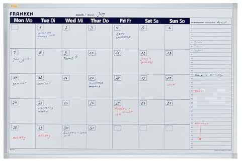 FRANKEN X-tra!Line Monatskalender mit Vorplanung für den Folgemonat, lackiert, magnetisch, beschreibbar, trocken abwischbar, mit Aluminiumrahmen, Magnettafel zur Wandbefestigung, 90 x 60 cm, VO-7