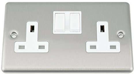 A5 Socket 2 Gang - Satin Matt Chrome Classic - White Insert - Plastic Rocker Switch