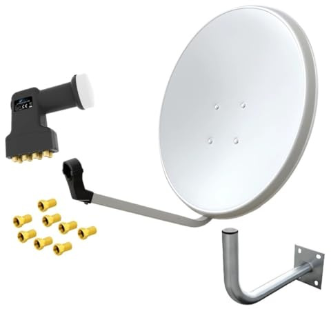 ARLI 60cm HD Sat Anlage Octo LNB + Wandhalter 25 cm Wandhalterung + 8 F-Stecker vergoldet Dichtring 8 Teilnehmer Weiss UHD 4K lichtgrau Satellitenschüssel Satelliten Antenne 60 cm