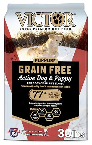 VICTOR Super Premium Dog Food – High Protein Grain Free Active Dog & Puppy Kibble – Dry Food with 33% Protein, Gluten-Free - Premium Beef, Pork, Fish Meals for High Energy Dogs, 30lbs