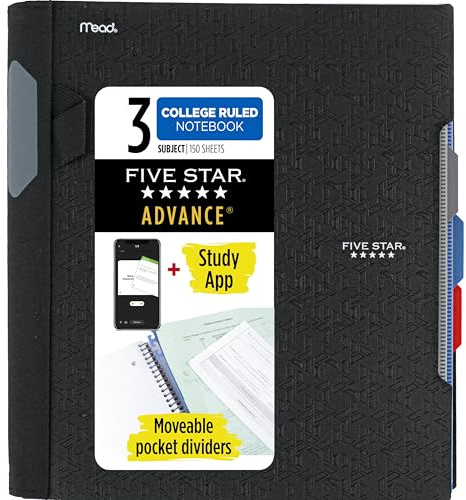 Five Star Advance Spiral Notebook + Study App, 3 Subject, College Ruled Paper, 8-1/2 x 11, 150 Sheets, Spiral Guard, Movable Tabbed Dividers, Black (73132)