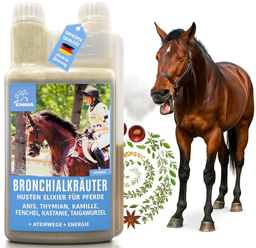 EMMA Bronchial Elixier Pferd 1 L – Hustensaft mit Thymian & Fenchel | Atemkräuter mit Kamille, Kastanie & Primelwurzel – flüssiges Ergänzungsfutter für Bronchien und Atemwege