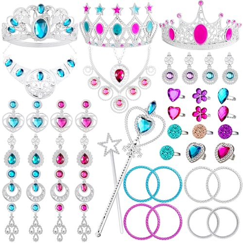 WATINC 46Pcs Princesse Dress Up Accessoires Set Filles Habiller Déguisement Bijoux Toys Diadème Collier Bracelet Baguette Magique Tiara Couronne Bague Boucles d'oreilles pour Cosplay Noël Party Favors