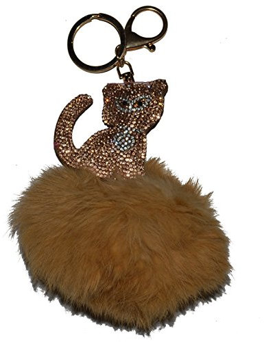 Taschenanhänger Schlüsselanhänger echtes Fell mit Strass Katze und Karabiner Handtaschenanhänger (Braun)