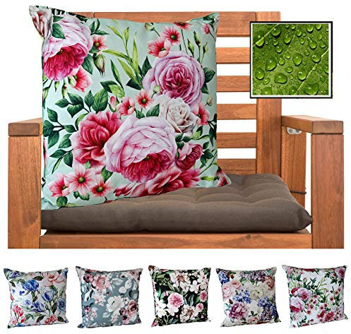 heimtexland ® Outdoorkissen Dekokissen Schmutz- und Wasserabweisend Landhaus Garten Outdoor Kissen Rosen Pink Grün Typ675