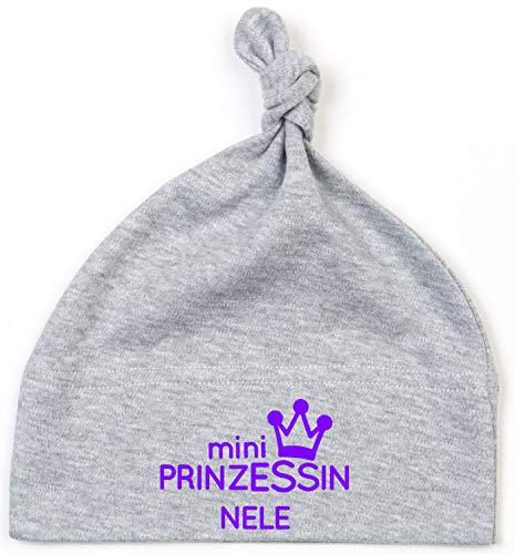 minimutz kleine Baby-Mütze mit Namen personalisiert | Motiv Prinzessin & Krone | für Neugeborene Mädchen zur Geburt und Taufe (grau)