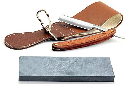 Grandslam Straight Razor Shave Ready Handmade Sharpened, 420 Steel Straight Razor Blade, 2 Layers Long Leather Canvas Strop, Sharpening Stone,2 Side Grit 3000 Waterstone Knife Sharpener
