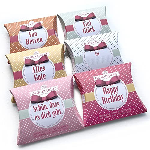 Glückslicht in der Geschenkbox mit der ausgestanzten Schleife | Dots | Mit weißen Punkten und roter Schleife | Fröhlich bunte Überraschungsbotschaften für viele Anlässe | 6er-Sampler