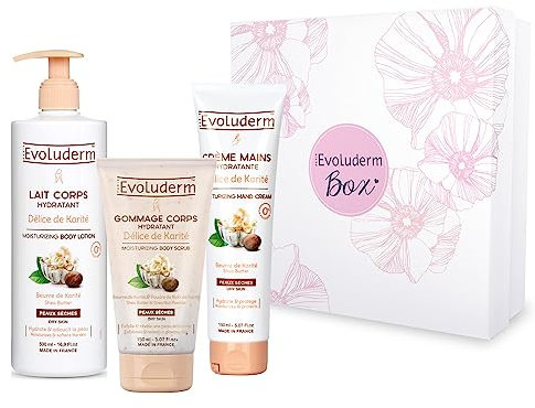 Evoluderm - Box Cocooning Délice de Karité - Gommage Corps Hydratant + Lait Corps Hydratant + Crème Mains Hydratante - Formules d'Origine Naturelle - Fabrication Française