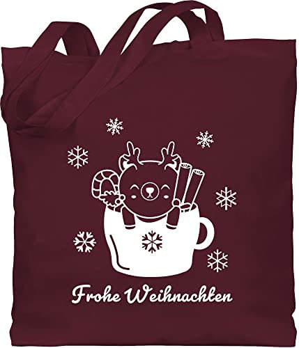 Baumwolltasche - Weihnachten Geschenke Christmas - Reh in Tasse mit Wunschtext - weiß - Unisize - Bordeauxrot - weihnachts tasche weihnacht jutebeutel personalisierte jutetasche weihnachtliche