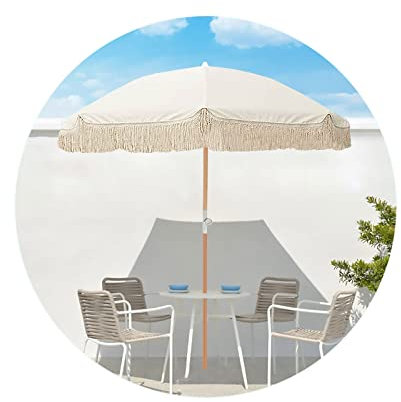 LefeDa 200cm Parasol À Frange Beige Parasol De Jardin Extérieur Protection UV Parasol Plage Pliable Wooden Stanchions 8 Baleines Petit Parasol Balcon Avec Sac De Transport Imperméable