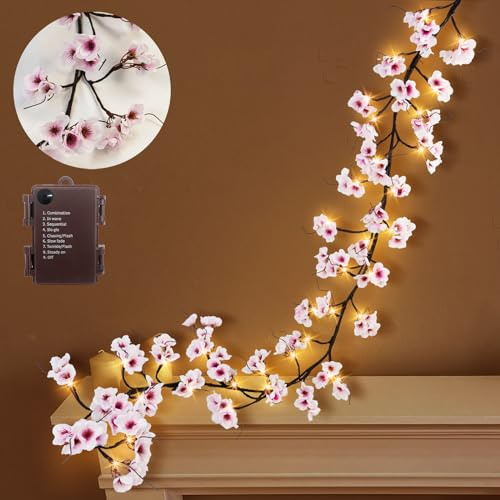 Uieke Lighted Cherry Blossom Garland with Timer 48 LED Fairy Lights 6FT for Mantle, Artificial Flower Vines with Lights 8 Modes Battery Operated Home Fireplace Wedding Party Room Decor