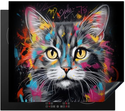 KitchenYeah© Herdabdeckplatte Induktion Schutzmatte Küche Herdabdeckung Ceranfeld Induktionsmatte Cerankochfeld Abdeckung Katze - Graffiti - Tiere - Farben - Grau - 60x52 cm