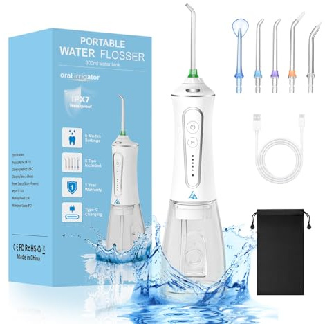 Flosser dentaire avec 5 modes, batterie de 45 jours, réservoir d'eau de 300 ml, lumière LED, blanc