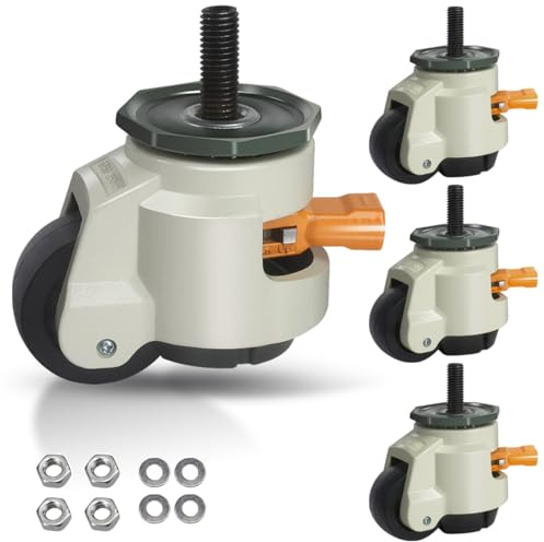 Leveling Stem Casters, M12 Thread Casters Set of 4 Heavy Duty with Leveling feet, 2200 LBS Retractable Caster Wheels with Upgraded Ratchet Arm, Adjustable Height Casters for Workbench, Machine