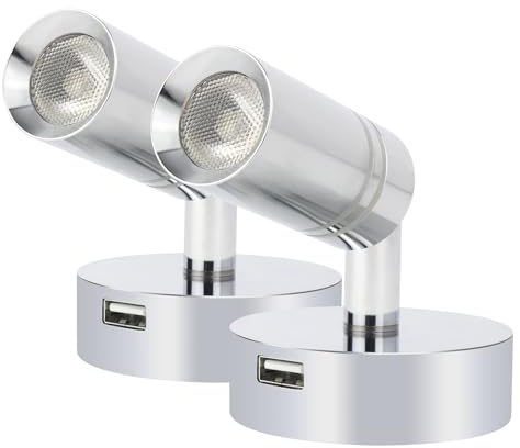 lighteu, 2 x 12 V 2 W E1 USB faretti da soffitto e da parete, finitura cromata, lampada da comodino, lampada da lettura girevole con interruttore touch, dimmerabile, luce bianca calda e blu per yacht