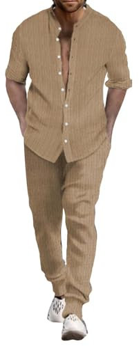 Junger Herrenanzug Slim Fit Herren Sommer Atmungsaktiv Zwei gerollte Ärmel Hemd Hose Set Herren Sportbekleidung Herren Zweiteilige Sportbekleidung, khaki, S