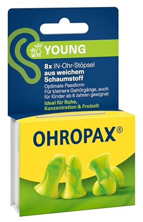 OHROPAX Young Ohrstöpsel – für Ohren mit kleineren Gehörgängen – IN-Ohr-Stöpsel aus weichem Schaumstoff – Schalldämmwert SNR 35 dB – ideal für Ruhe, Konzentration und Freizeit – 8 Stück
