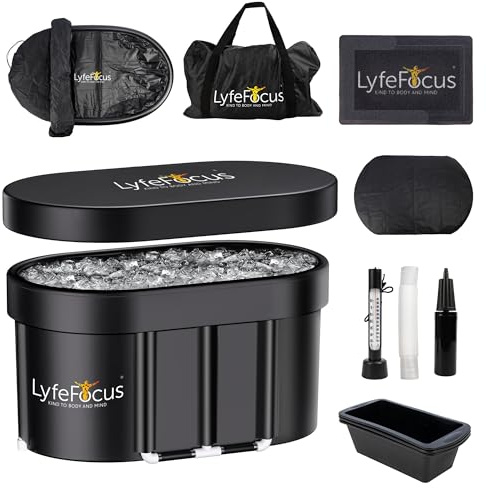 LyfeFocus Cold Therapy Ice Bath Tub, Black, 100cm | Muscle Recovery Ice Bath with Thermometer, Foot Mat, Protection Lid, Groundsheet, Reusable Ice Blocks & Accessories
