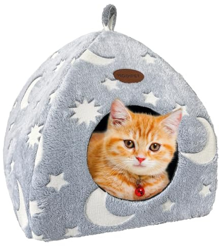 Mooipet Katzenhöhle Plüsch Katzenhaus mit Waschbarem Kissen Faltbare Katzenzelt Höhle mit Handle Weiches und Warmes Katzenbett für Drinnen 45x45x41cm