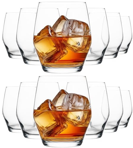 Homiu Water Gin Whiskey Tumbler Drinking Glasses | Set of 12 | 370 ML | Napoli Collection | Glasses Gift Set Tumblers Cocktail Set | Whiskey Glasses | Home & Bar | Glass Cups Glassware