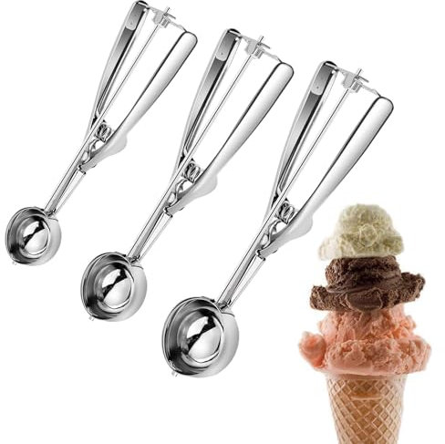 3 Stück Edelstahl Eislöffel Portionierer - Eisportionierer， 3 Eisportionierer in verschiedenen Größen für Eis, Kuchenteig, Melone, Fleischbällchen, Kekse, Obst