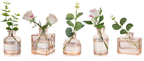 Glasseam Small Bud Vases for Flowers: 5pcs Glass Vases Lovely Champagne Amber Vase Set for Home Living Room Dining Tables Wedding Party Table Centrepiece Decorations