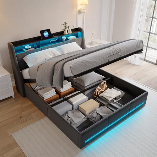 MOTUZP Polsterbett 140x200 cm, Doppelbett mit Stauraum und Lattenrost, Bettrahmen mit LED, Hydraulisch Stauraumbett Funktionsbetten Rückenlehne Bettgestell (grau, 140x200cm)