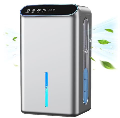 85Oz 78W 2.5L Deshumidificador para el hogar, 2 modos pequeño deshumidificador con manguera de drenaje para cuarto de baño dormitorio con apagado automático, temporizador, 7 colores LED