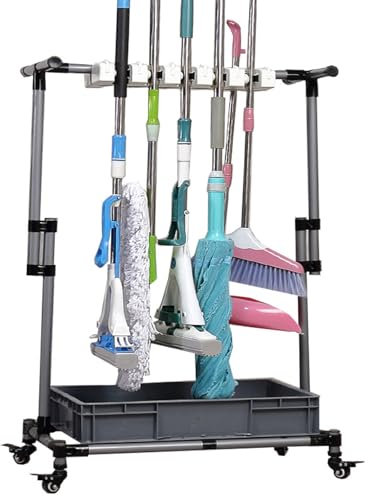 Commercial Broom and Mop Holder, Movable Floor-Mounted Mop Rack, Cleaning Cart On Wheels, Umbrella Stand for Garden, Garage Hospitals, Factories, Restaurants