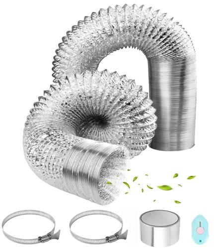 ComPDCVD Abluftschlauch 100mm 3m PVC Flexibel Alurohr Schlauch Aluminium Aluflexschlauch mit 2 Edelstahl Schlauchschelle und Aluminiumfolienband für Klimaanlagen Wäschetrockner Abzugshaube(Silber)