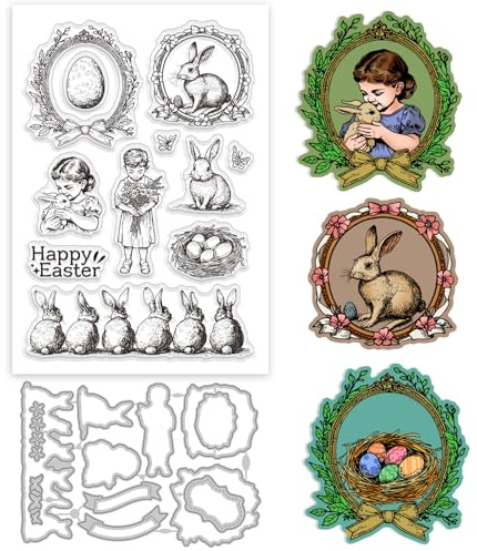 GLOBLELAND Transparente Stempel Und Metall Stanzformen Mit Retro Hasen Motiv Ostergirlande Transparenter Stempel Frohe Ostern Stanzformen für Die Kartengestaltung Prägung Scrapbooking