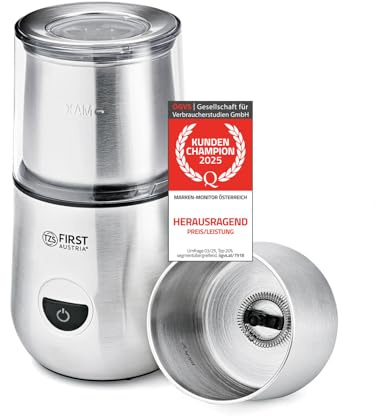 TZS FA Moulin à Café Électrique & Mousseur à Lait 2 en 1, 200W, 2 Bol Inox Amovibles 100g/100ml, 2 Vitesses, Idéal Expresso, Argent