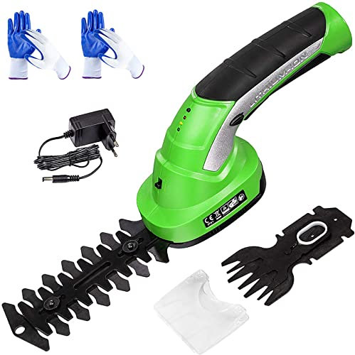 Tijeras de césped y cortasetos inalámbricas - Cortadora de arbustos eléctrica de 7,2 V 2 en 1 Cortadora de setos de mano Cortadora de césped Cortadora de setos con batería recargable y cargador