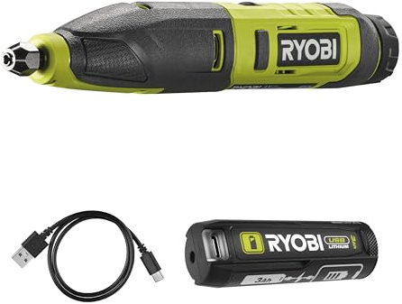 RYOBI - Ciseaux à bois 4V - Câble USB C (sans batterie) - Livrés avec 3 gouges, câble USB-C + batterie 3Ah (Powerbank - recharge les téléphones)