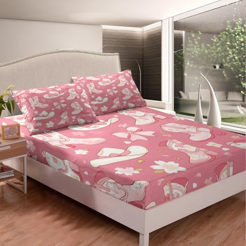 richhome Pink Western Bed Sheet Set Cowgirl Shoes Fitted Sheet for Kids Room Decor Rustic Western Decor Bowknot Girly Cowboy Hat Bedding Set Double Size Flower Bed Cover Deep Pocket(No Top Sheet) 3Pcs