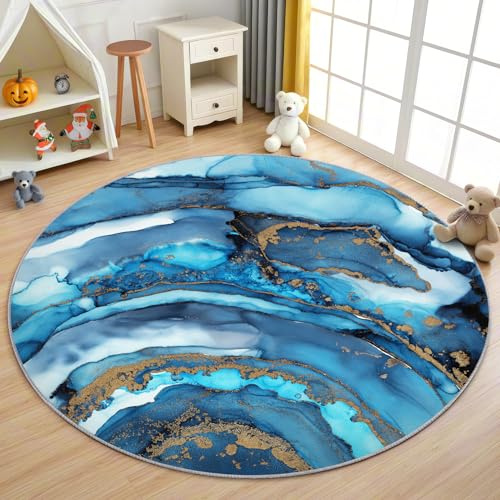 AevuCub Marmor Blau Teppich Rund 200cm Kurzflor - Waschbare Teppiche Wohnzimmer Abstrakte Kunst - Runder Teppich 200 cm Durchmesser Kinderzimmer - Bettvorleger Schlafzimmer rutschfest Weich