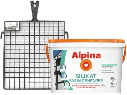 Alpina Silikat Fassadenfarbe + Abstreifgitter – weiß – für hochwertige Anstriche auf mineralischen Untergründen – ergiebig, geruchsarm & wetterbeständig – 10 Liter