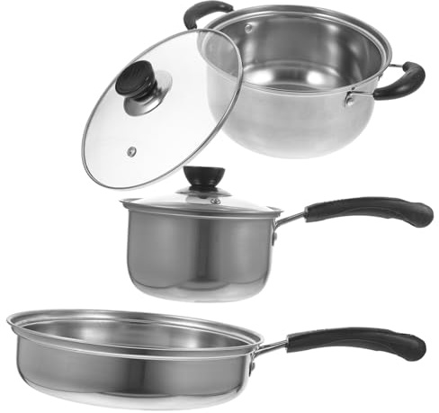 MAGICLULU Juego de Utensilios de Cocina Olla para Sopa de Acero Inoxidable de 3 Piezas Sartén y Olla para Leche, Resistente y Delicado para Uso Diario en Cocina