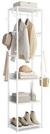 VASAGLE Perchero, Perchero con Barra para Colgar, Ganchos, Armario con Estantes, Marco de Acero, para Ropa, Bolsos, Sombreros, Blanco Nube RCR061WC02