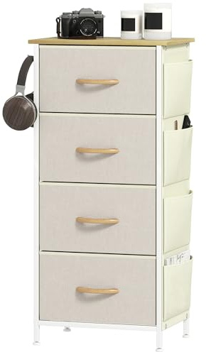 HOMCOM Cajonera de Tela Alta Cómoda con 4 Cajones 4 Bolsillos Laterales 2 Ganchos y Estructura de Acero Cómoda para Dormitorio Sala de Estar Pasillo Beige