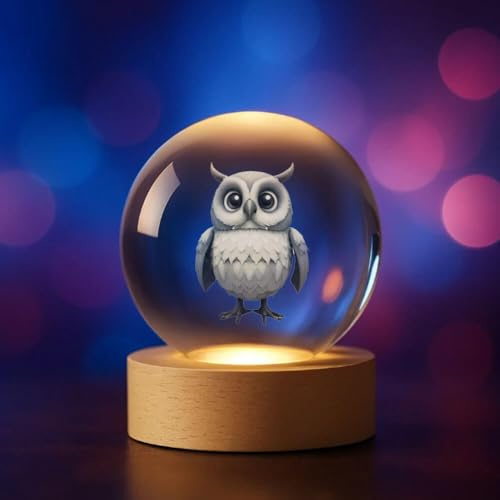 Plexido 3D Kristallkugel LED – Verschiedene Motive zur Auswahl: Tiere, Kosmonaut, Emojis – Deko-Licht aus Glas mit Holzsockel – Personalisierbar – Geschenkidee (Eule)