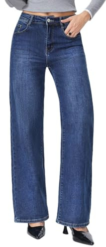 vittorio y Jeans Donna Larghi Vita Alta - Jeans Baggy Donna in Denim Elasticizzato, Modello Comfort con Taglio Alto e Gamba Larga, Tasca Laterale (IT, Testo, L, Regular, Regular, Denim)