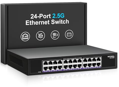 Commutateur Ethernet 24 Ports 2,5 Go Non géré, commutateur réseau NICGIGA 24 Ports 2,5 G, Plug & Play, Montage en Rack de 19 Pouces, Design métallique sans Ventilateur.